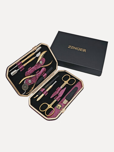 Изображение товара Маникюрный набор Zinger MSFE-804 G, 10 предметов, медицинская сталь, натуральная кожа, позолоченный/фиолетовый