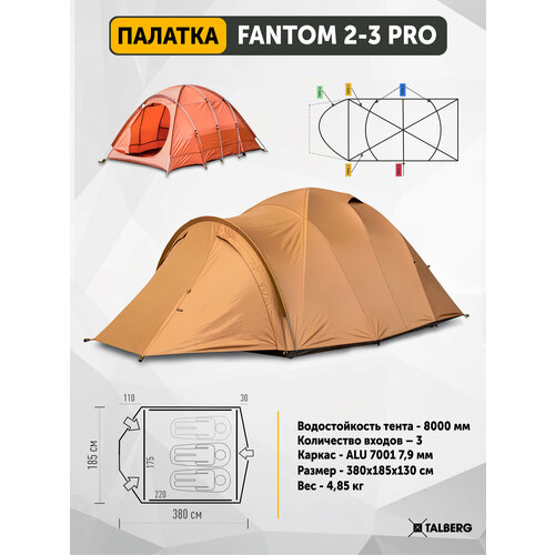 Палатка туристическая Talberg FANTOM 2-3 PRO , двухслойная, 2-3 местная, с тамбуром, алюминиевый каркас, огнеупорная