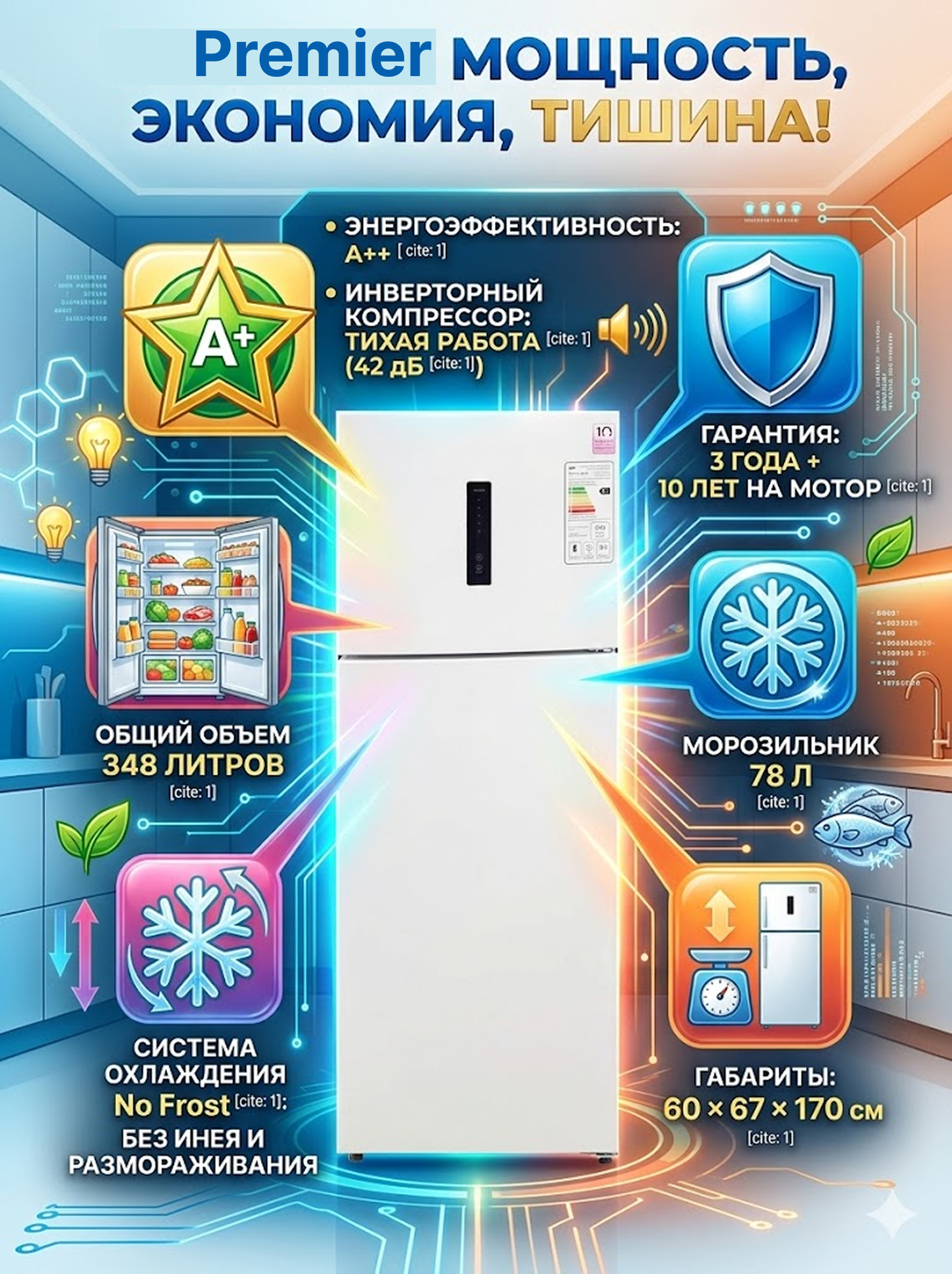 Холодильник Premier PRM-350TFNFID\W с No Frost и инверторным мотором, 348 л