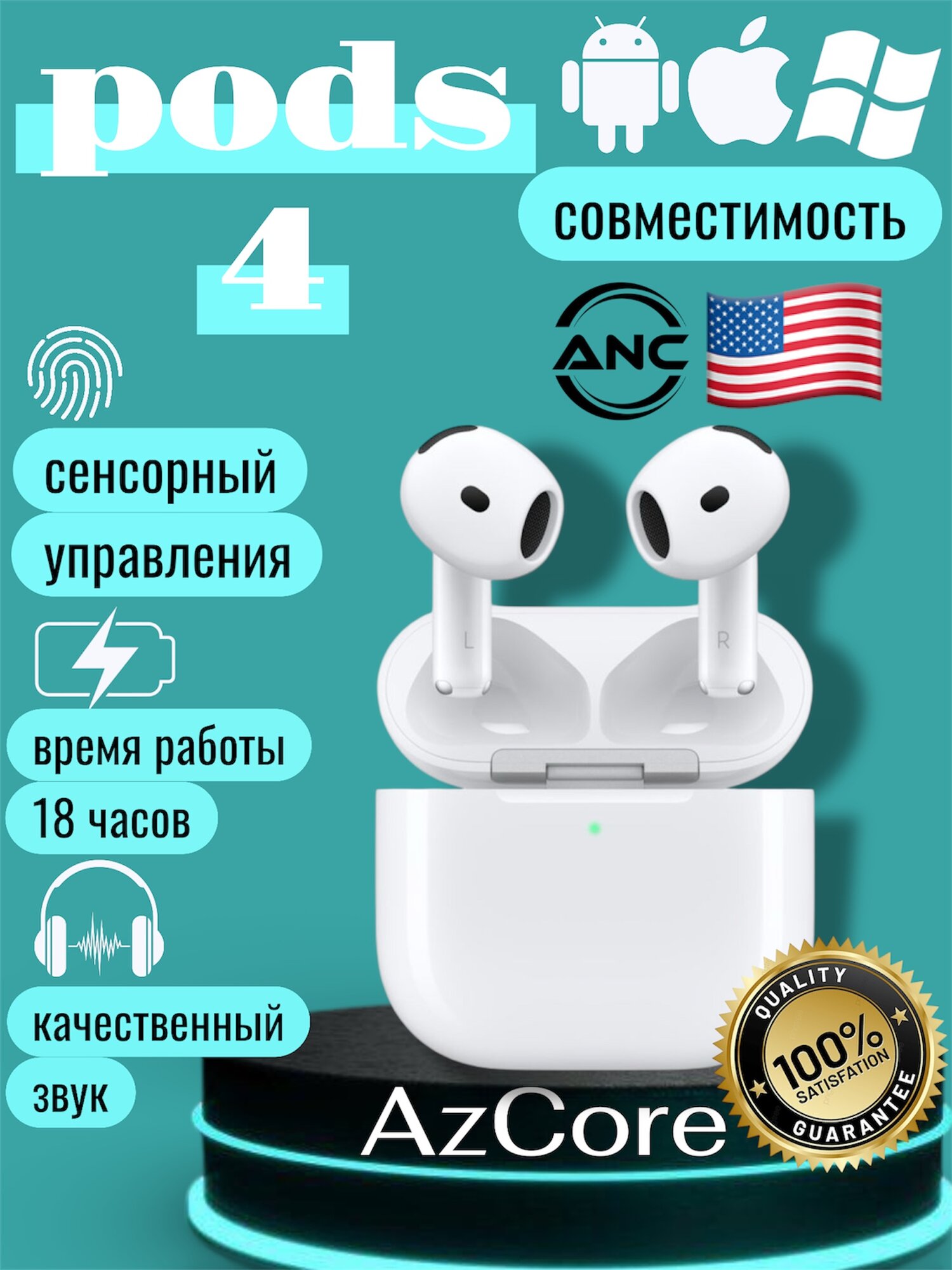 Беспроводные наушники AirPods 4 ANC с шумоподавлением и чистым звуком стерео бас Для iPhone и Android