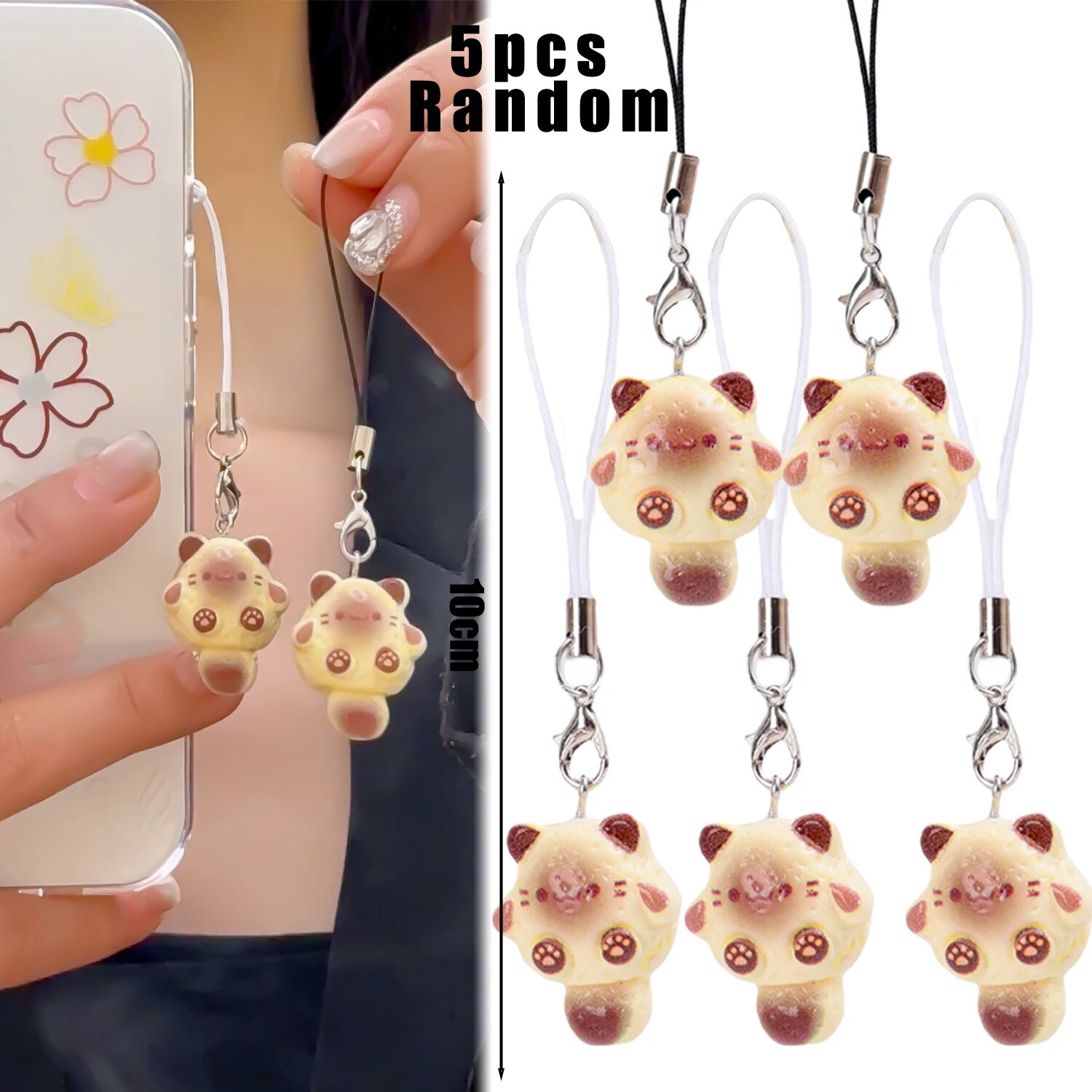 Подвеска для телефона с милым котом кавайный сиамский кот кулон ремешок для мобильного телефона брелок для IPhone сумка для камеры декоративная подвесная цепочка 5X Random