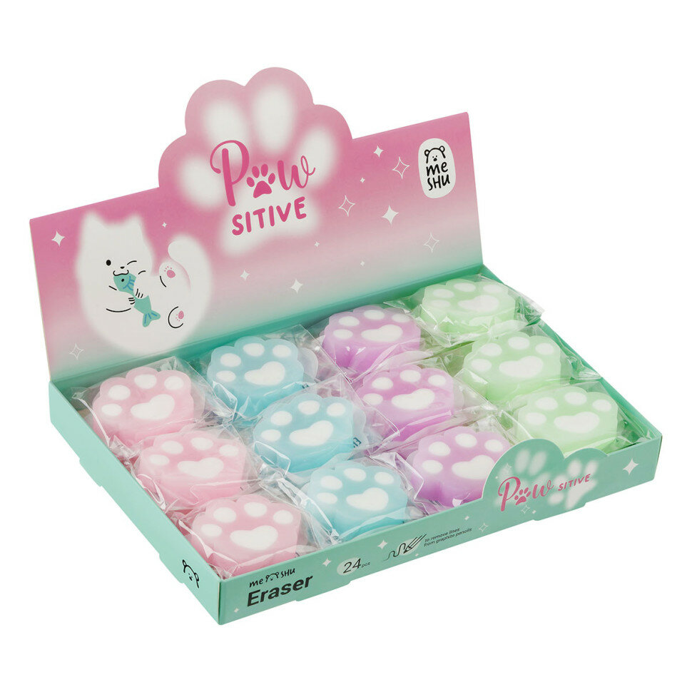 Ластик MESHU "Cute Paw", фигурный, 38*33*10мм, ПВХ, дисплей бокс, ассорти, 24 штук, 380540