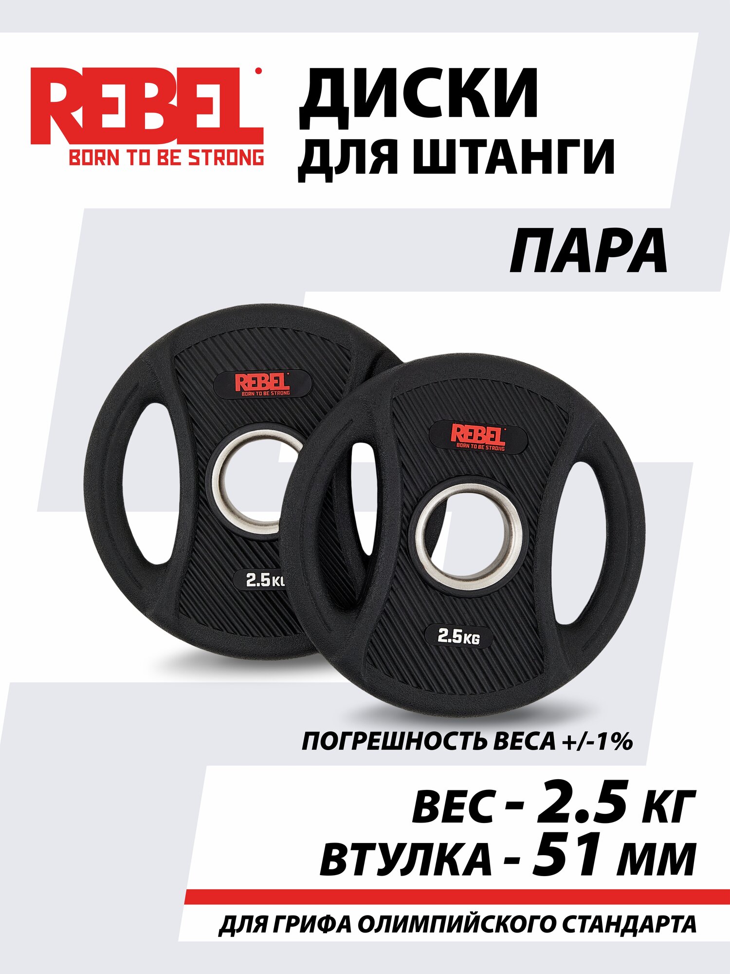 Диски для штанги 2,5 кг с двумя хватами REBEL R-PVP-2.5-PAIR (пара)