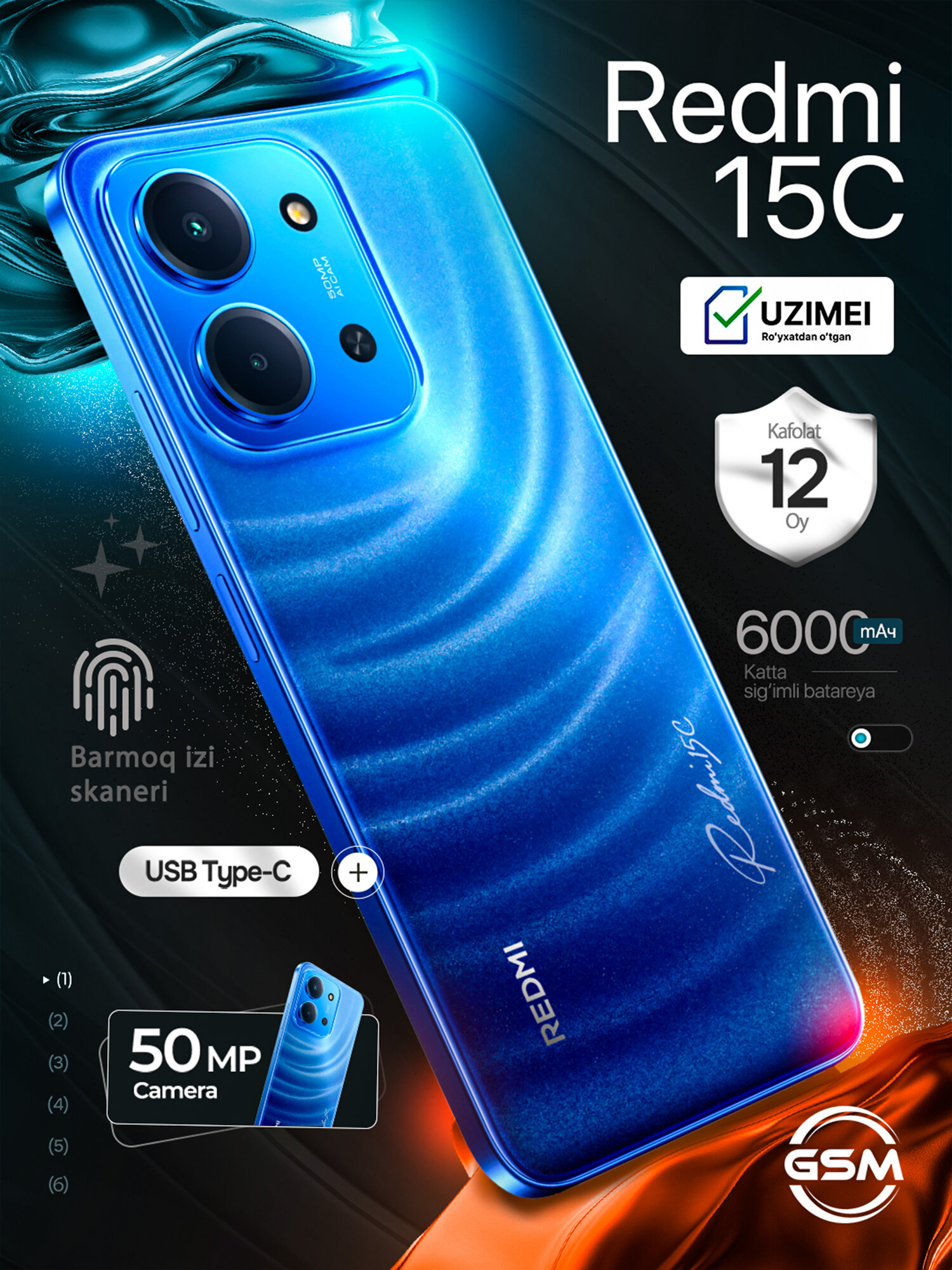 Xiaomi Redmi 15C smartfon, 6.9" IPS 120 Gts, 50 Mp, 6000 mA·soat, 33 Vt, 6/128GB, Moonlight Blue