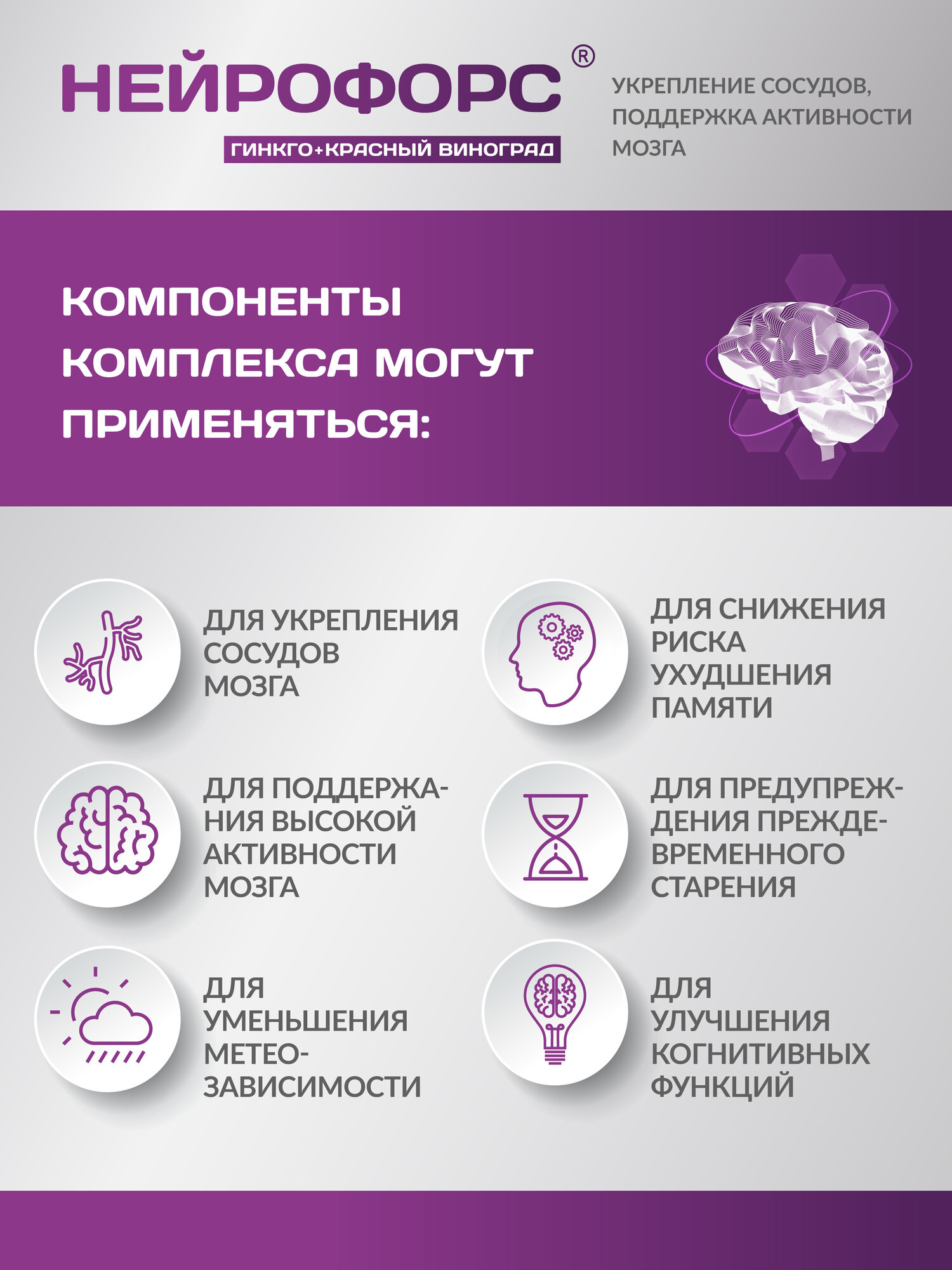 Изображение PLANTCOMPLEX нейрофорс Гинкго билоба + Красный виноград. Для улучшения состояния сосудов и работы мозга, памяти. Антиоксиданты. Ноотроп. 30 капс. ВТФ.