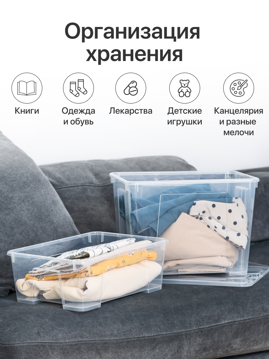 Контейнер для хранения 22л, ящик для хранения вещей с крышкой, прозрачный, 3 штуки — фото 1