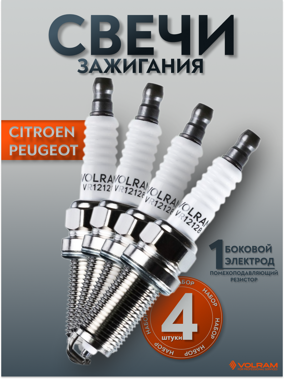 Свечи зажигания для Citroen C2, C3, C4; Peugeot 307 /1007 /206 /301 /307 /308 /405 /Partner; VOLRAM VR12128-4 (4шт.)