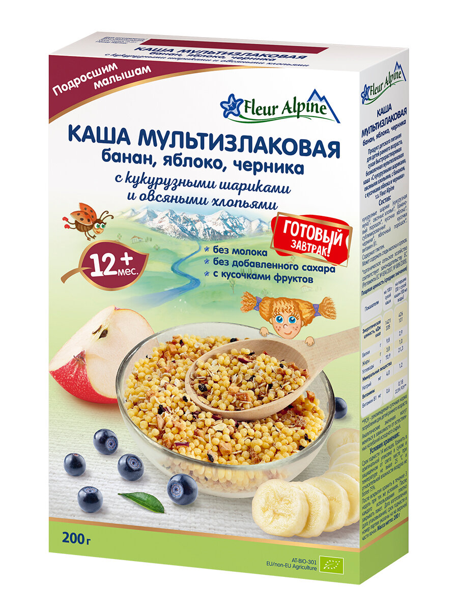 Каша Fleur Alpine мультизлаковая банан яблоко черника с кукурузными шариками и овсяными хлопьями с 12 месяцев 200 г