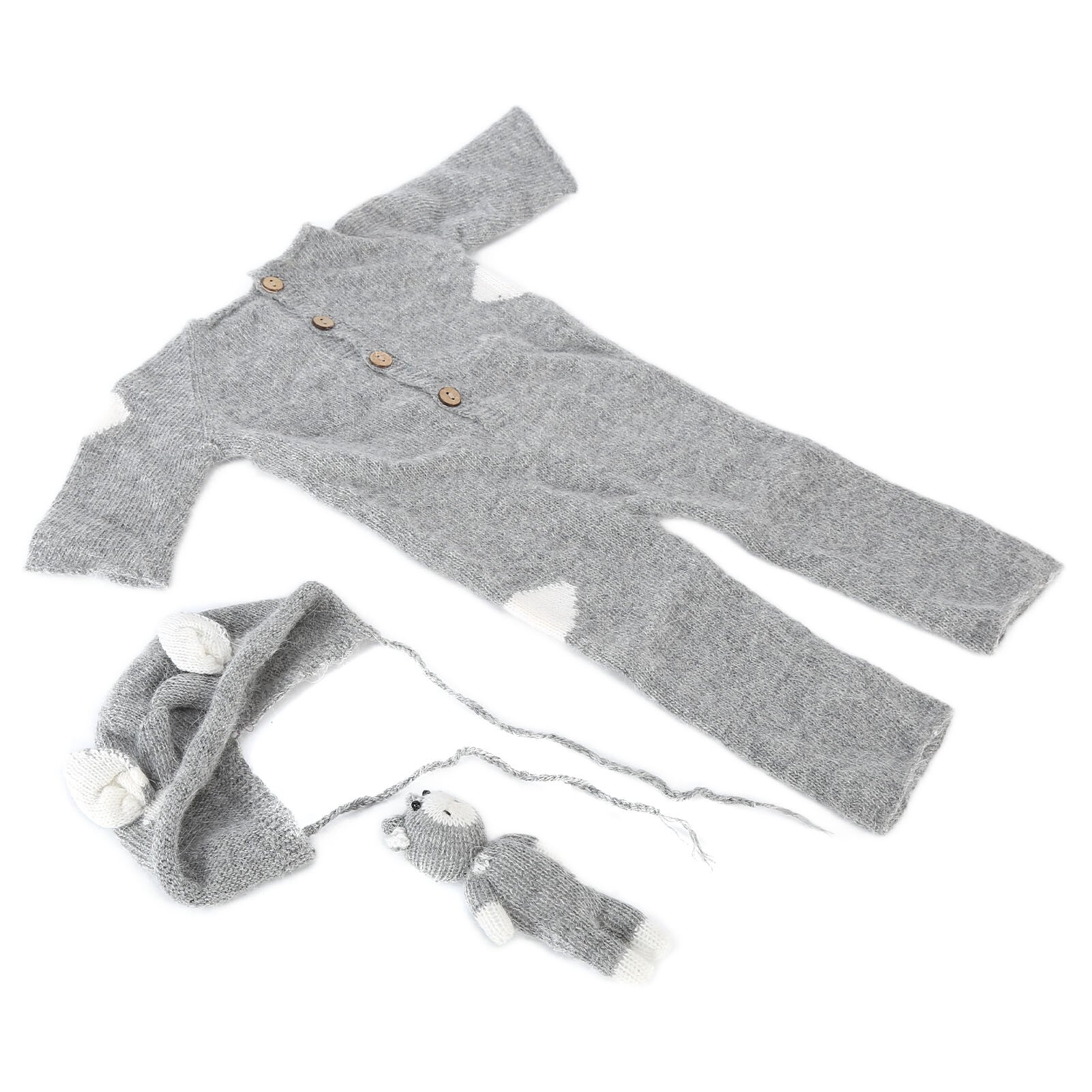 Набор для новорожденных: мягкий трикотажный комбинезон шапочка игрушка и аксессуары для фотосессии серого цвета