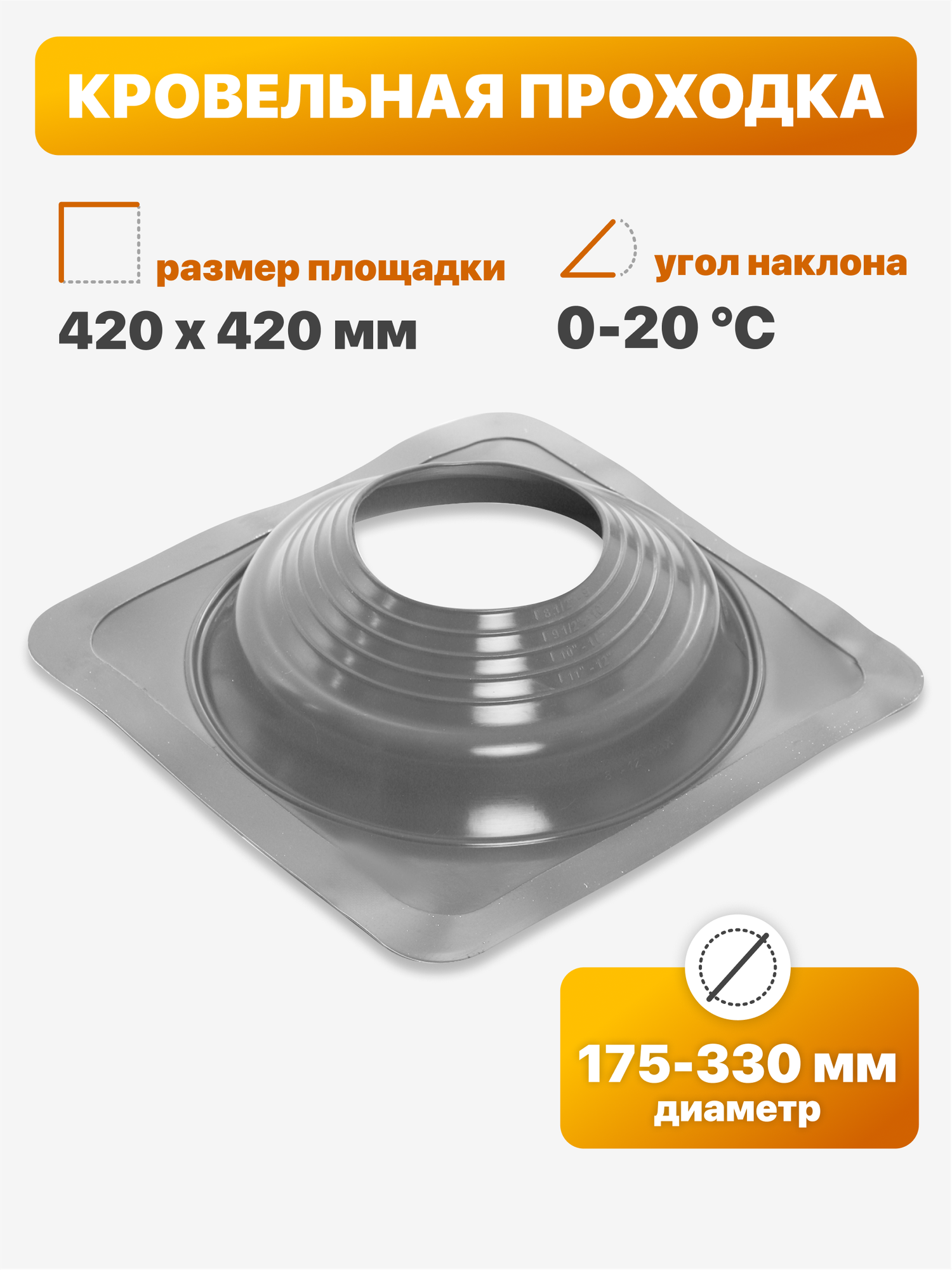 Уплотнитель кровли  кровельная проходка  Мастер Флеш  8 прямой 175 330мм 420х420мм серый