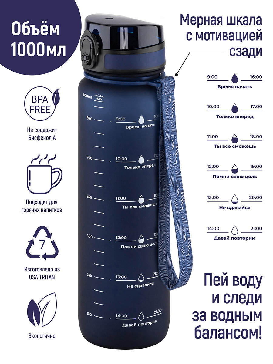 Бутылка спортивная для холодных и горячих напитков 1000 мл 7,8*7,8*28,5 см "Style Matte" мотивационная темно-синяя