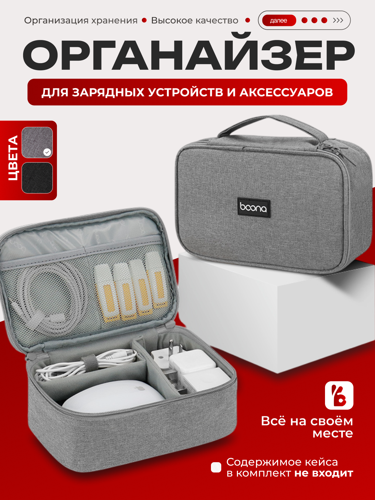 Органайзер дорожный для проводов, зарядных устройств, аксессуаров BAONA 20.5см x 13см x 7см, серый