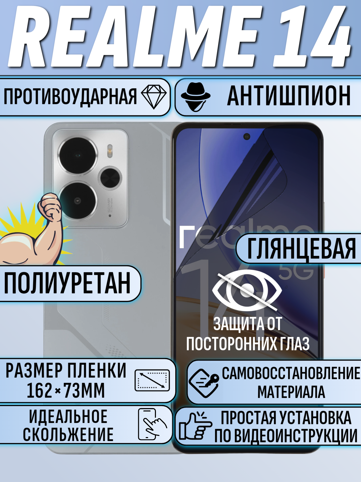 Гидрогелевая пленка для Realme 14 антишпион глянцевая полиуретановая защитная