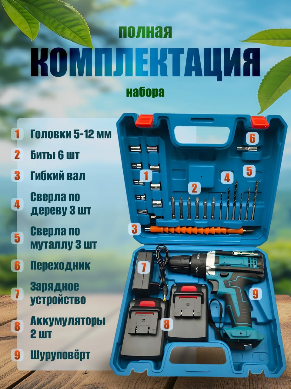 Аккумуляторная дрель-шуруповёрт с двумя аккумуляторами, быстрозажимной патрон, подсветка, 2 скорости — фото 1