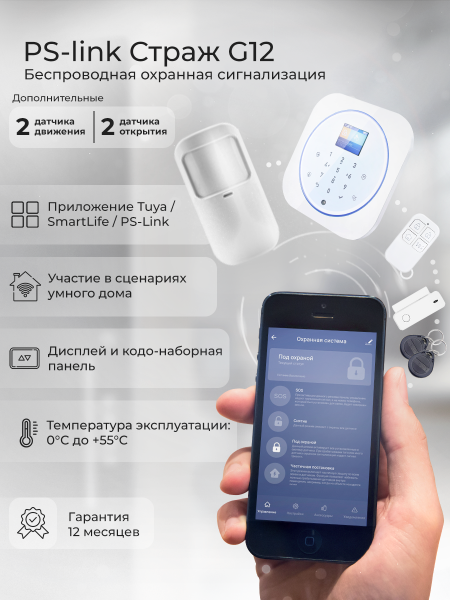 Комплект охранной GSM/WIFI сигнализации Ps-Link G12W-4, 2 датчика движения и 2 датчика открытия