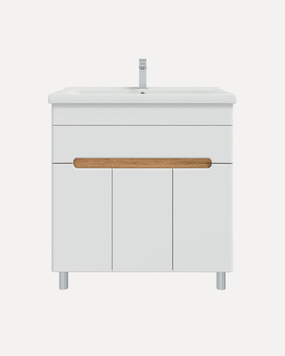 Изображение товара Тумба напольная Vannika Bliss 80 с раковиной Миранда 80 для ванной комнаты, белая, дуб вотан