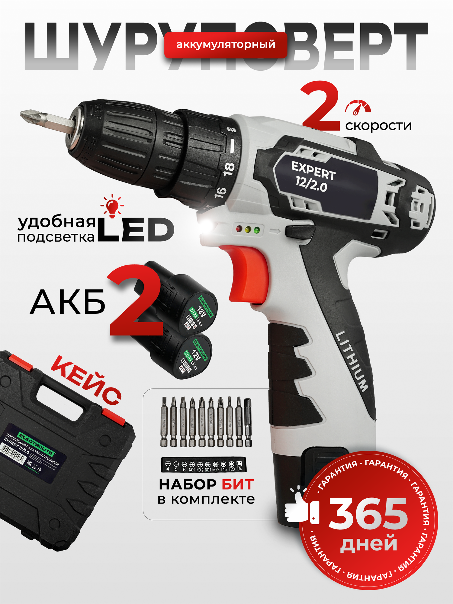 Аккумуляторный шуруповерт Electrolite Expert 12/2.0 (кейс, быстрозажимной патрон)