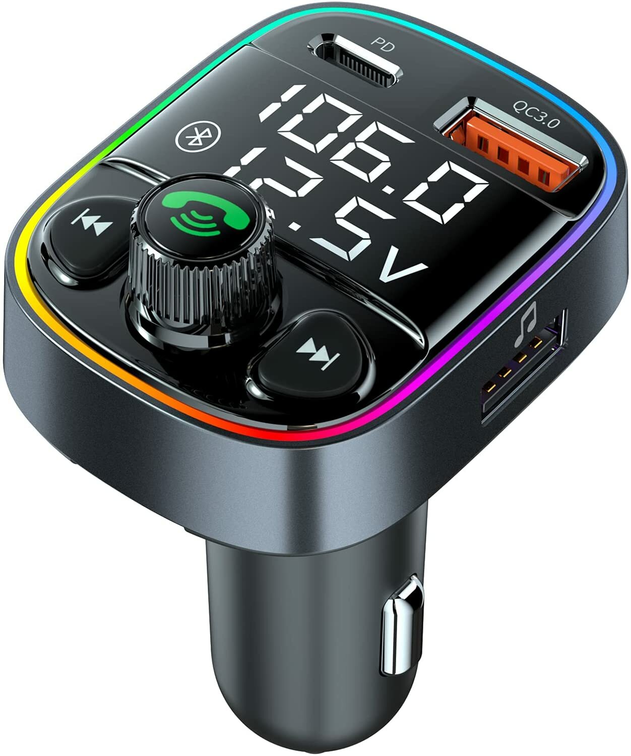 Bluetooth-адаптер для громкой связи в автомобиле, FM-передатчик с портом QC3.0+PD, зарядное устройство, 7-цветная светодиодная подсветка, MP3-аудио, стерео, поддержка карт TF и USB-накопителей