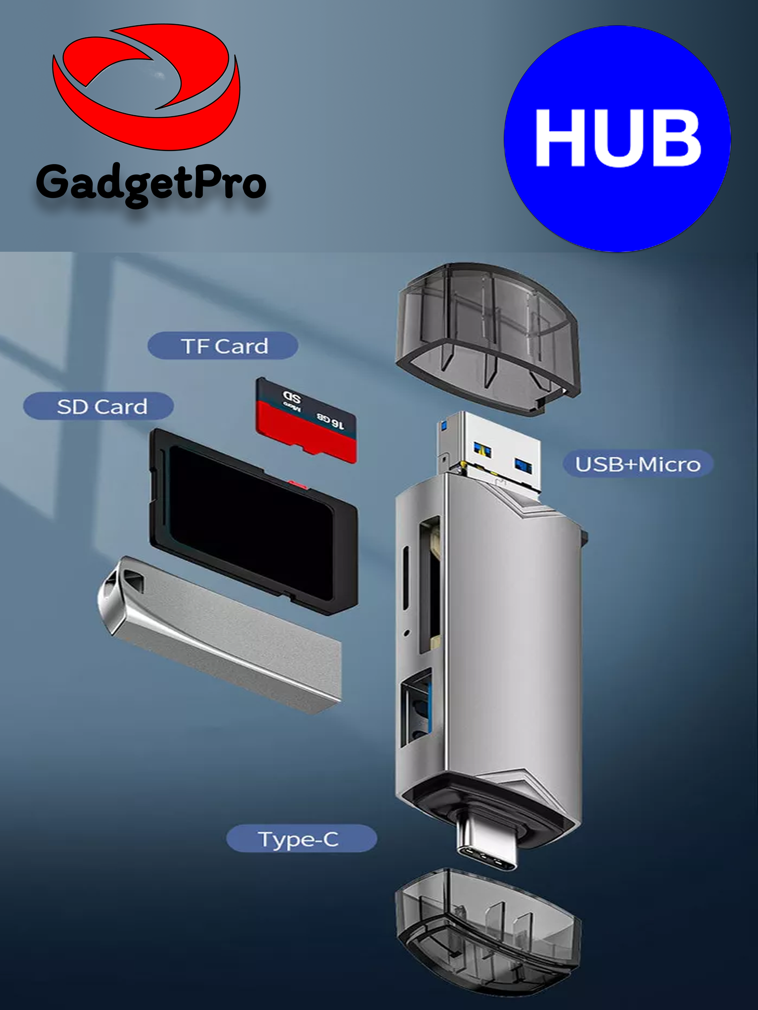 Адаптер-картридер, D-398, USB 3.0, USB-C, OTG, SD/MicroSD, для флеш-накопителей