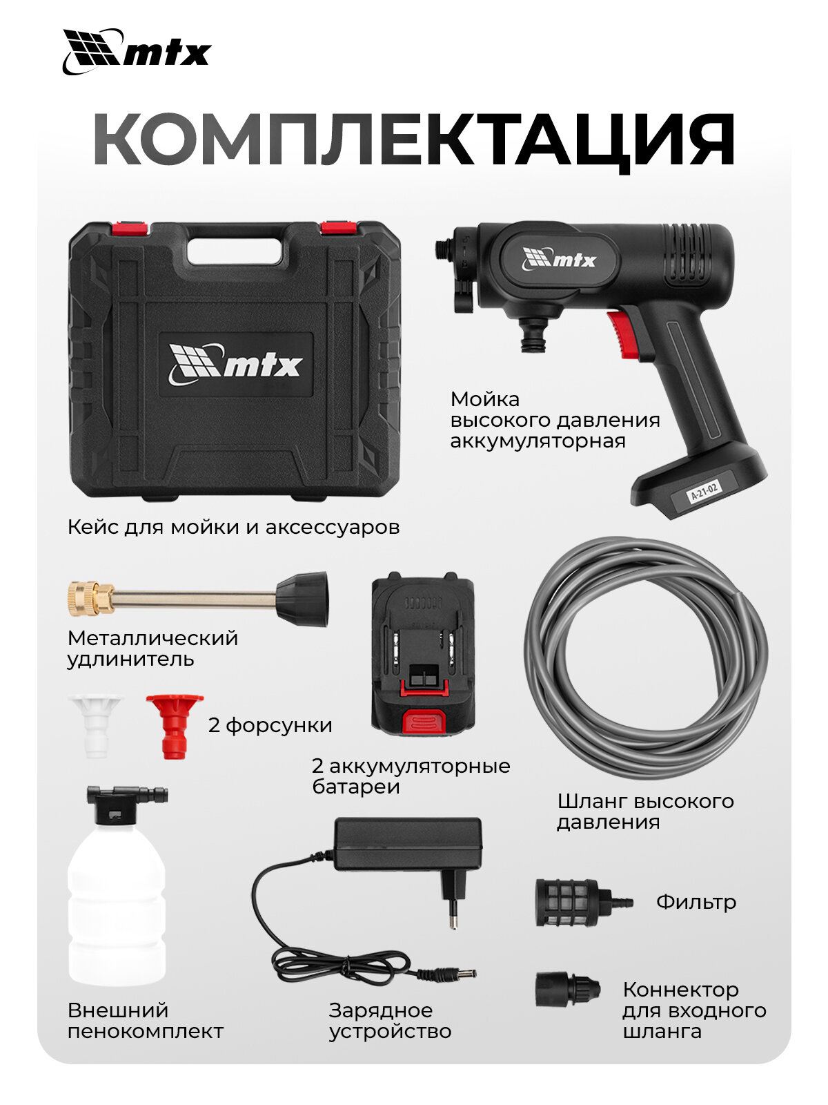 Моечная машина высокого давления аккумуляторная MTX, А-21-02, 40 бар, 4 л/мин, Li-ion 21 В, 2 акк, 58211 — фото 1