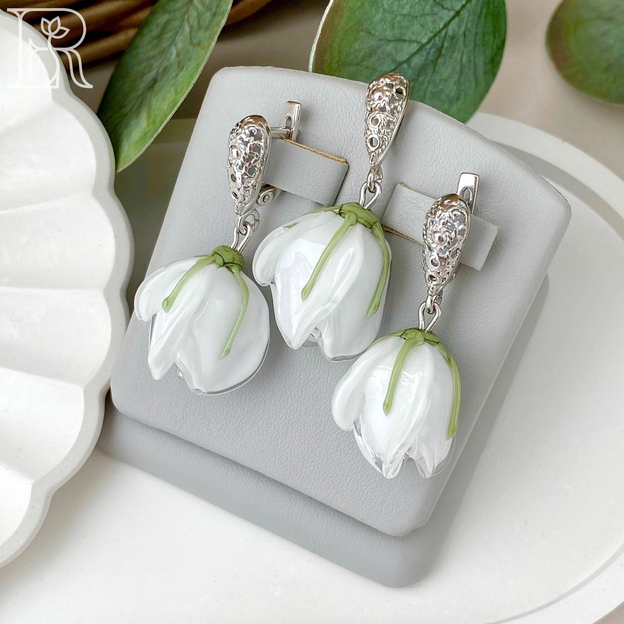 Ювелирный комплект LEFIREL', серебро, 925 проба, муранское стекло, длина 3.9 см., белый