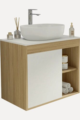Изображение товара Тумба с раковиной Teymi Nura 70 подвесная, 70 см, со столешницей, белая, светлое дерево, матовая, из МДФ, с дверками, раковина для ванной, фарфоровая, овальная