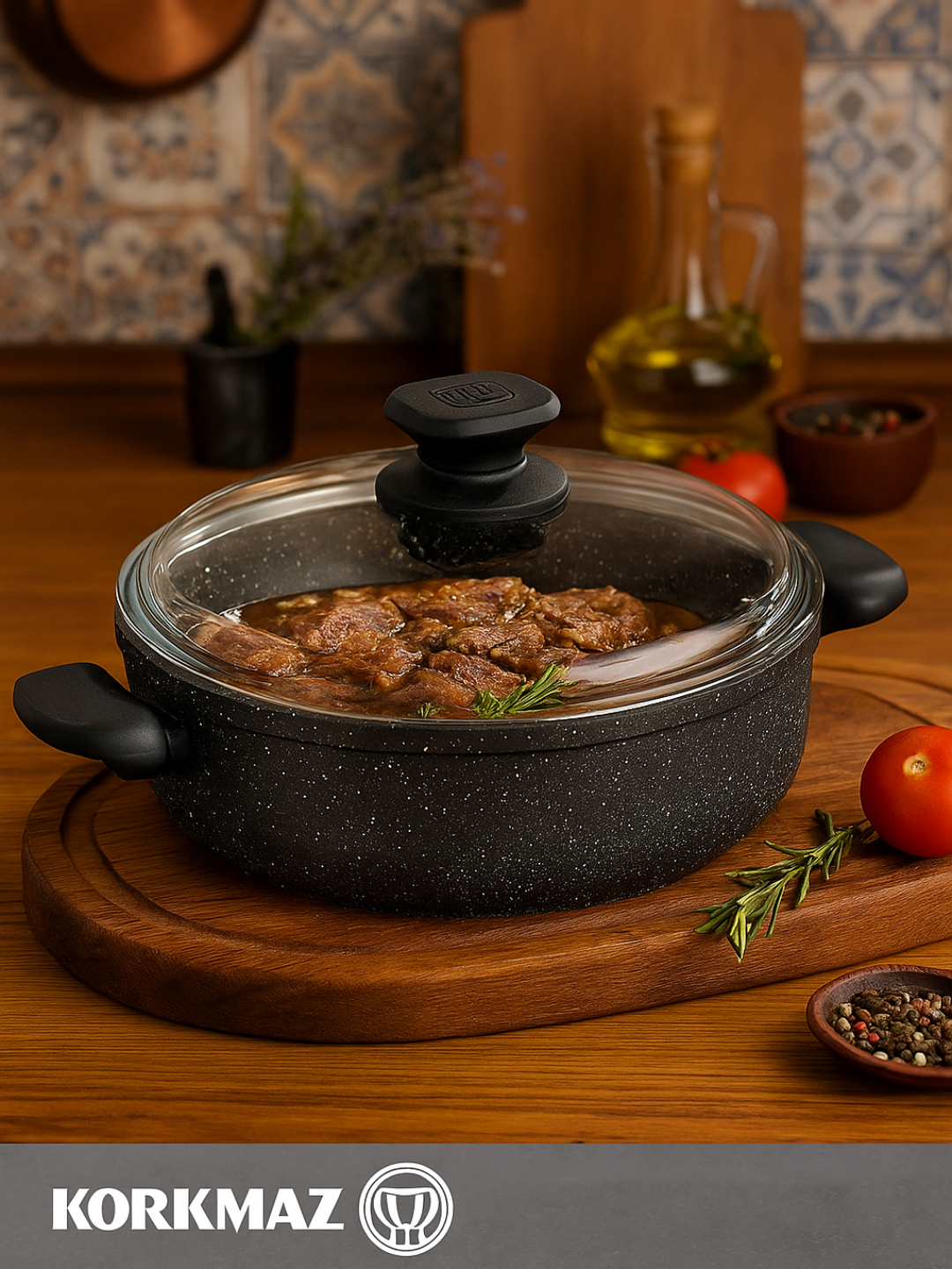 Жаровня KORKMAZ ORNELLA A1345 4 л, 28×7,5 см, литой алюминий с крышкой и антипригарным покрытием