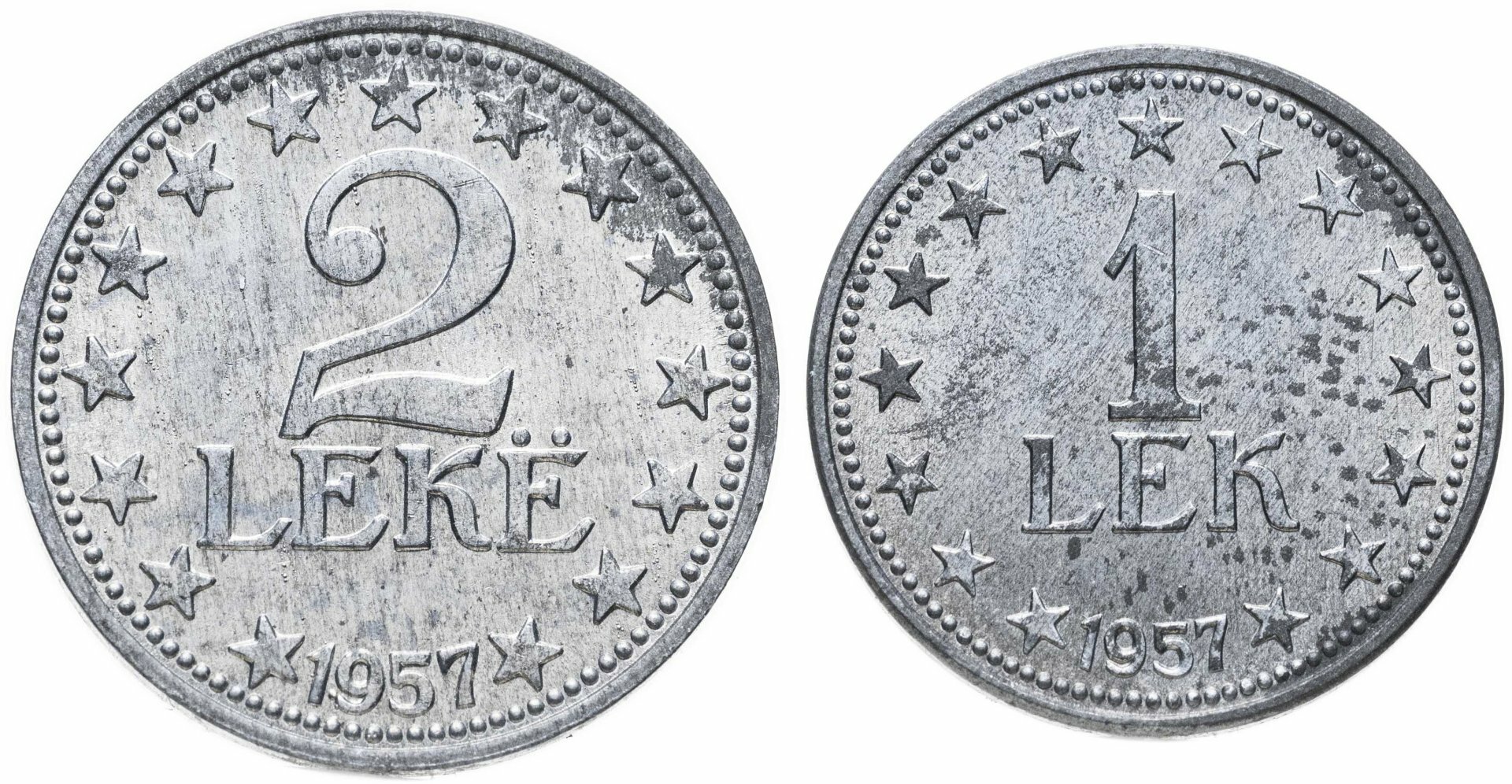 Албания набор монет 1 и 2 лек 1957, Цинк, в сохранности F-VF
