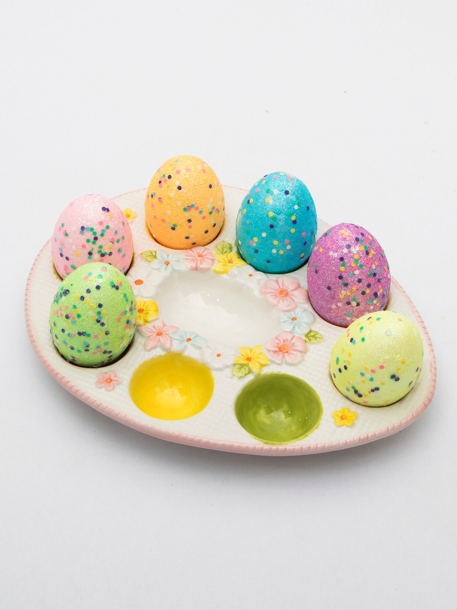 Блюдо для яиц Пасхальное №2, белое с цветочками, керамика, подставка для 10 яиц на Пасху, Тарелка пасхальная праздничная