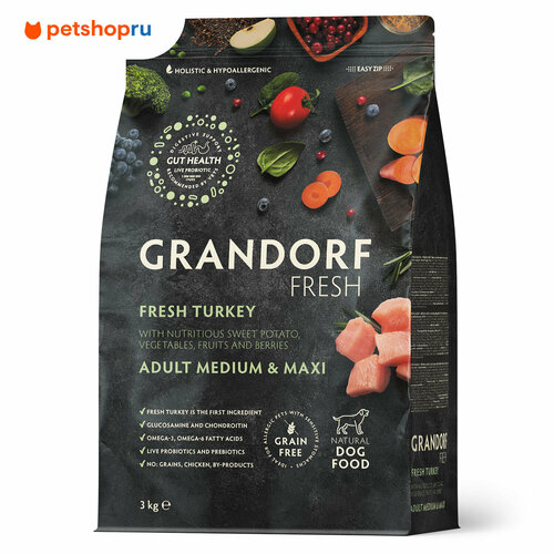 Сухой беззерновой корм Grandorf Fresh Adult Med&Maxi Turkey&Sweet Potato (Свежее мясо индейки с бататом для собак средних и крупных пород) 1 кг