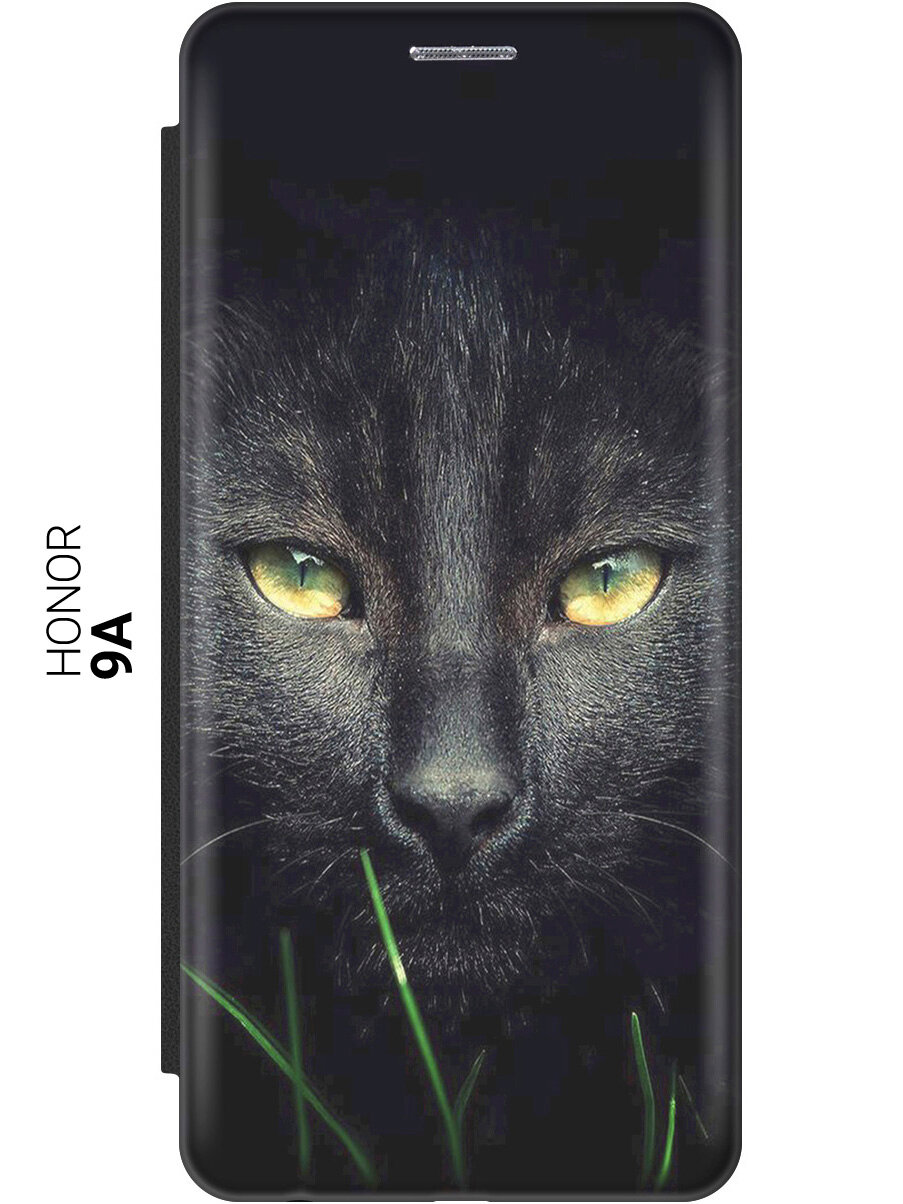 Чехол-книжка на Honor 9A, Хонор 9А с 3D принтом "Кошка в темноте" черный