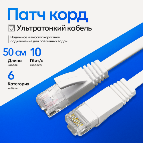 Изображение товара Патч корд 0.5м категория 6 rj45, плоский, белый, сетевой интернет кабель