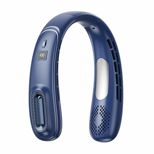 Вентилятор на шею СИНИЙ НОВЫЙ, безлопастной, 100 скоростей на колесике, USB