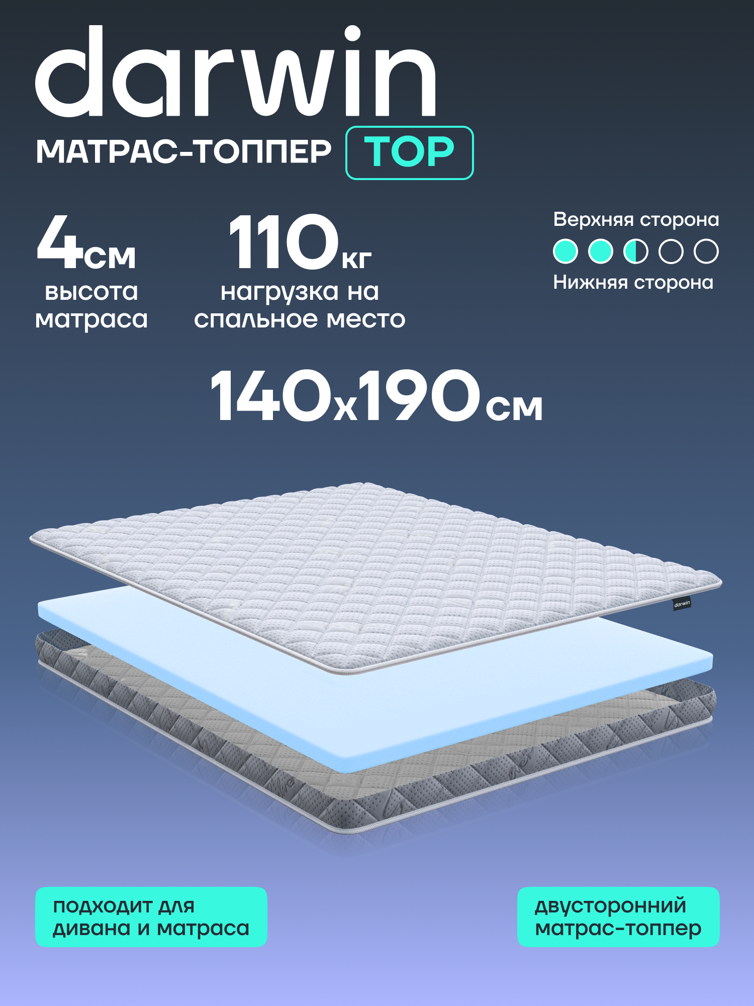 Матрас-топпер Darwin Top 140х190 см двухсторонний, анатомический, высота 4 см