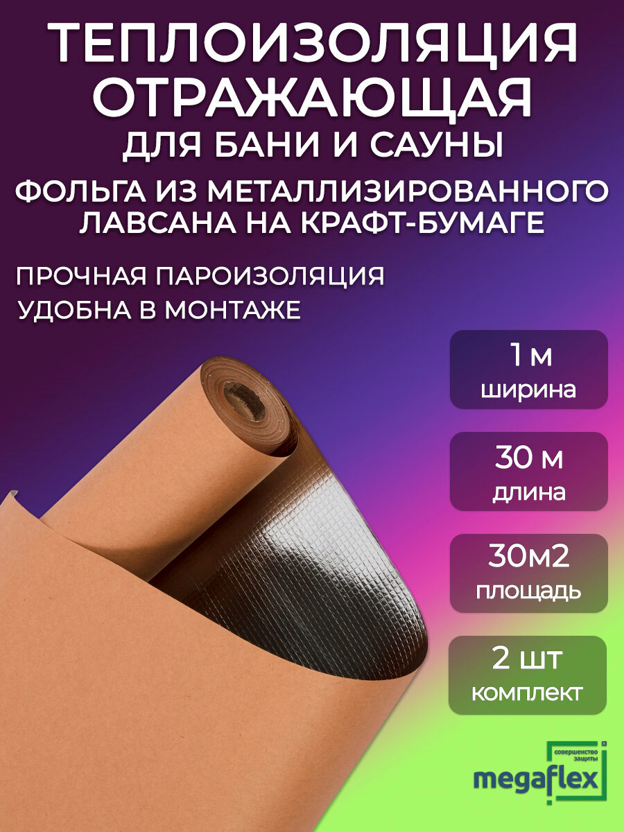Фольга для бани и сауны на крафт-бумаге Megaflex KF PET, 2 рулона по 30м2, пароизоляция, подложка для теплого пола
