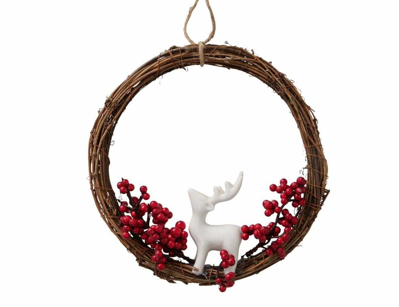 Декоративное панно-венок белый олень И красные грозди 22 см Boltze 2039315-1