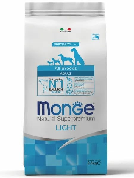 Monge Dog Speciality Light 2,5 кг сухой корм для взрослых собак всех пород при избыточном весе с лососем и рисом