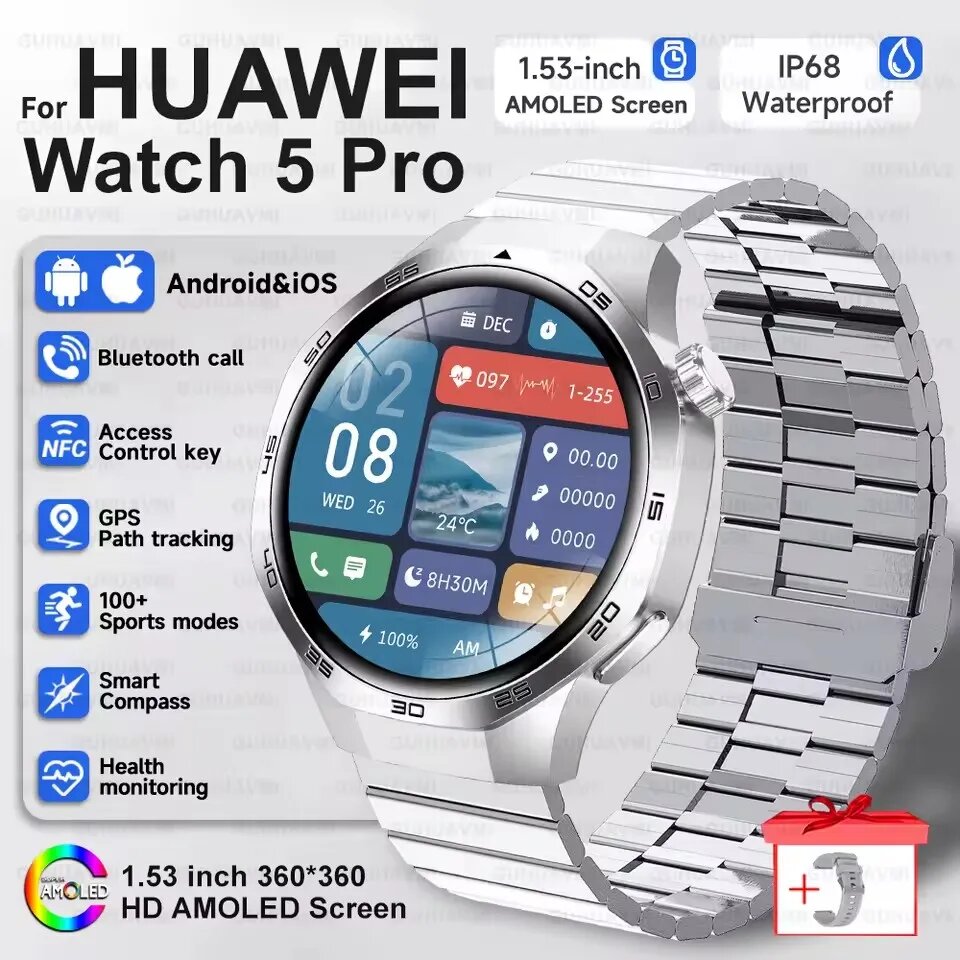 Huawei Watch GT5 Pro смарт-часы для мужчин, Silver steel B, Китай, Fashionable