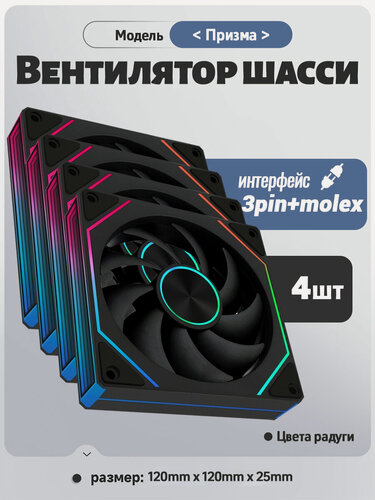 Изображение товара Вентилятор для корпуса компьютера *4 шт, RGB вентилятор для корпуса 120х120мм