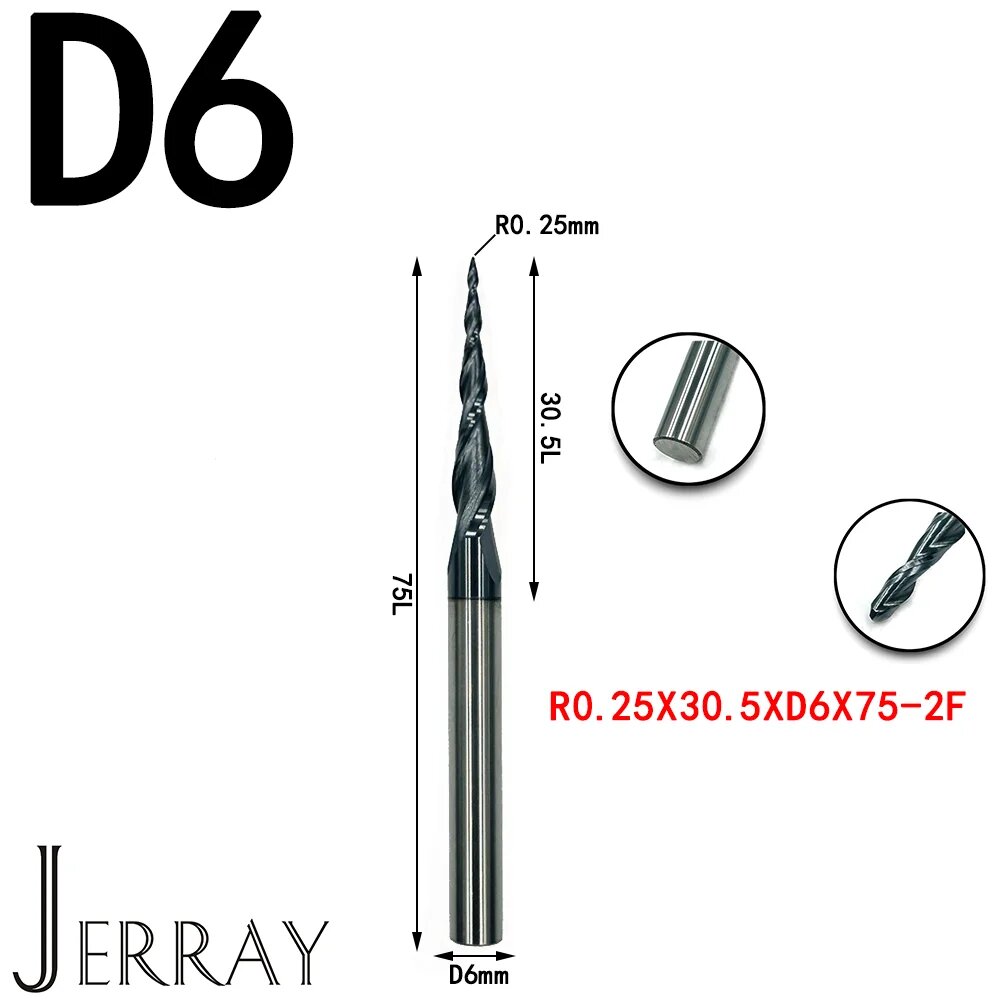 JERRAY HRC55 Фрезы с ЧПУ, твердосплавные вольфрама, конические сферические концевые фрезы, 2D 3D фрезы для резьбы по дереву, фреза, R0.25X30.5XD6X75, 1pc