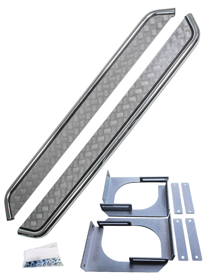 Пороги площадки нержавеющие с дюралевой площадкой для Dodge Ram двойная кабина (240 см Пороги площадки) с креплениями