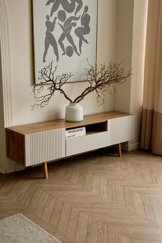 Изображение товара Тумба под телевизор Сканди - 1Я (2.2) размеры ш150*в47*г35. Корпус Дуб Вотан / Фасады МДФ Кашемир.