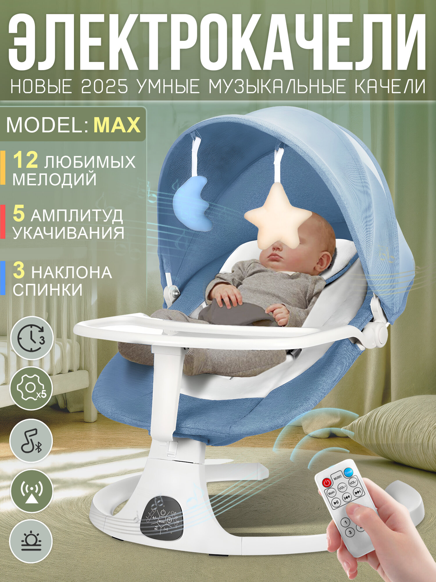Электронные качели шезлонг 3 в 1 DearestBaby Pro Max Deluxe White Blue для безопасного и комфортного сна вашего малыша!