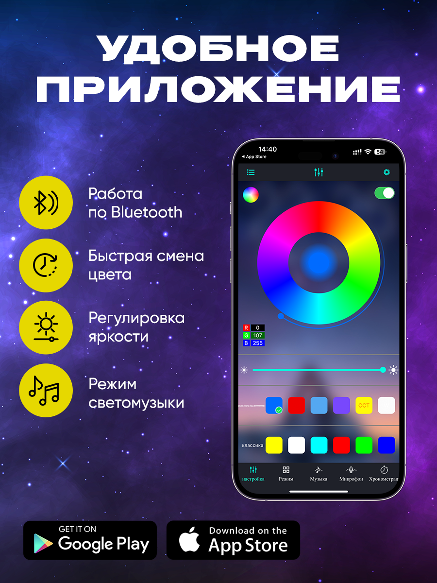 Светодиодная лента, RGB, многоцветная, Bluetooth 20 метров, IP20 — фото 1