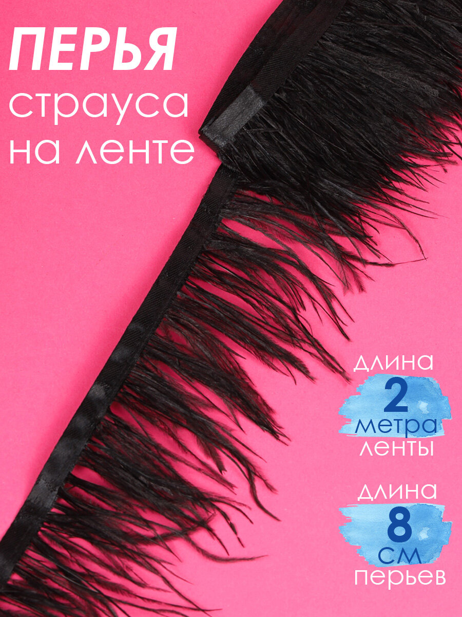 Перья на ленте Страус арт. FBY-08-100 шир.8см цв. черный уп.2м