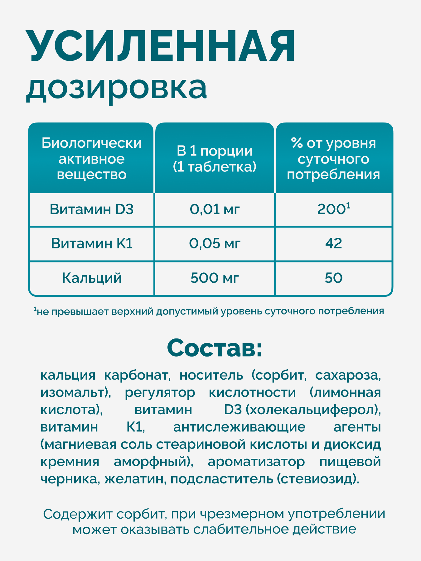 "Кальций D3 Форте" жевательные таблетки с карбонатом кальция и витаминами Д3 и К1 для здоровых и крепких костей, 60 таблеток — фото 1