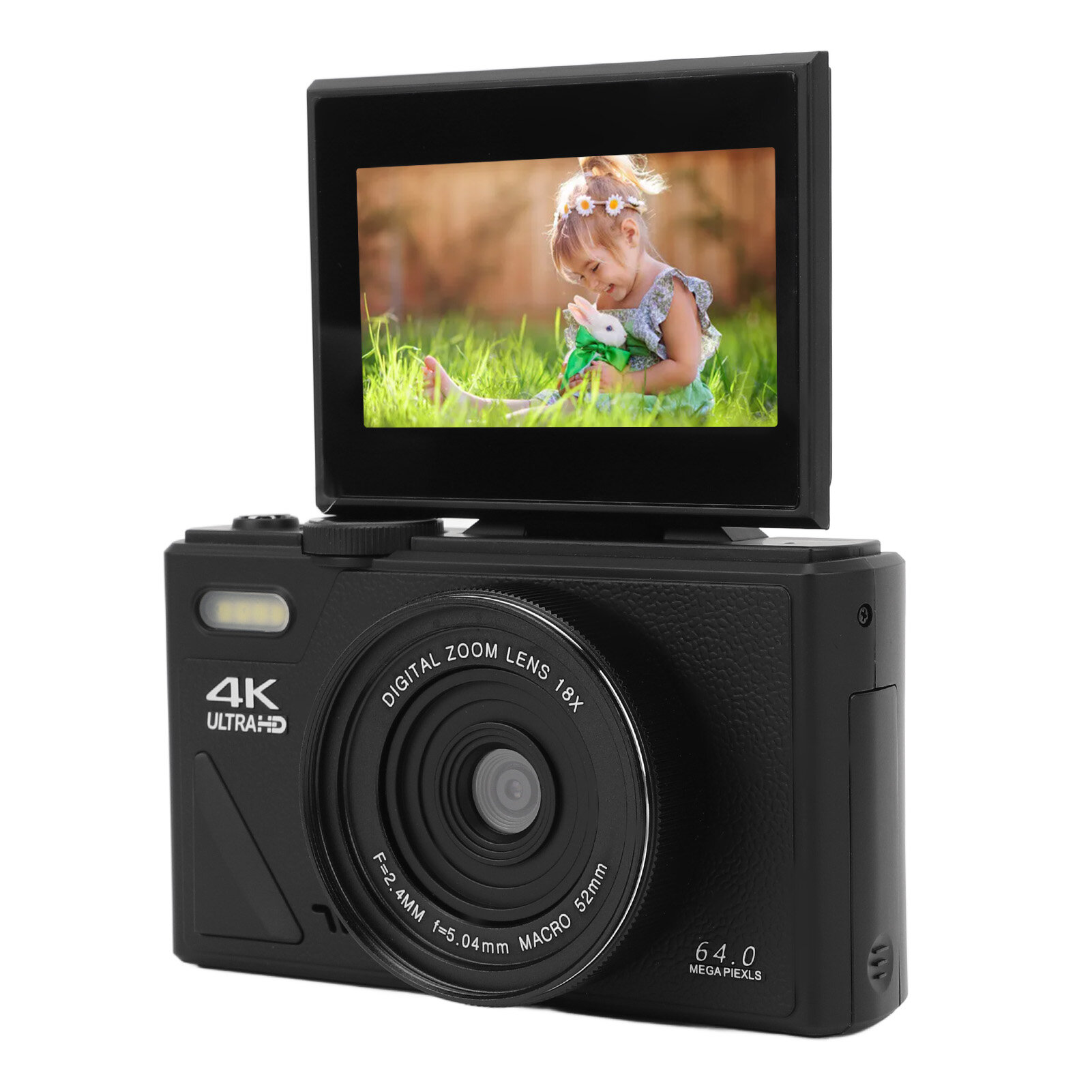 Цифровая камера 4K 64MP UHD 18-кратный зум с автофокусом, ретро компактная цифровая камера с 3-дюймовым откидным экраном для путешествий, фотосъемки и видеоблогинга, черная
