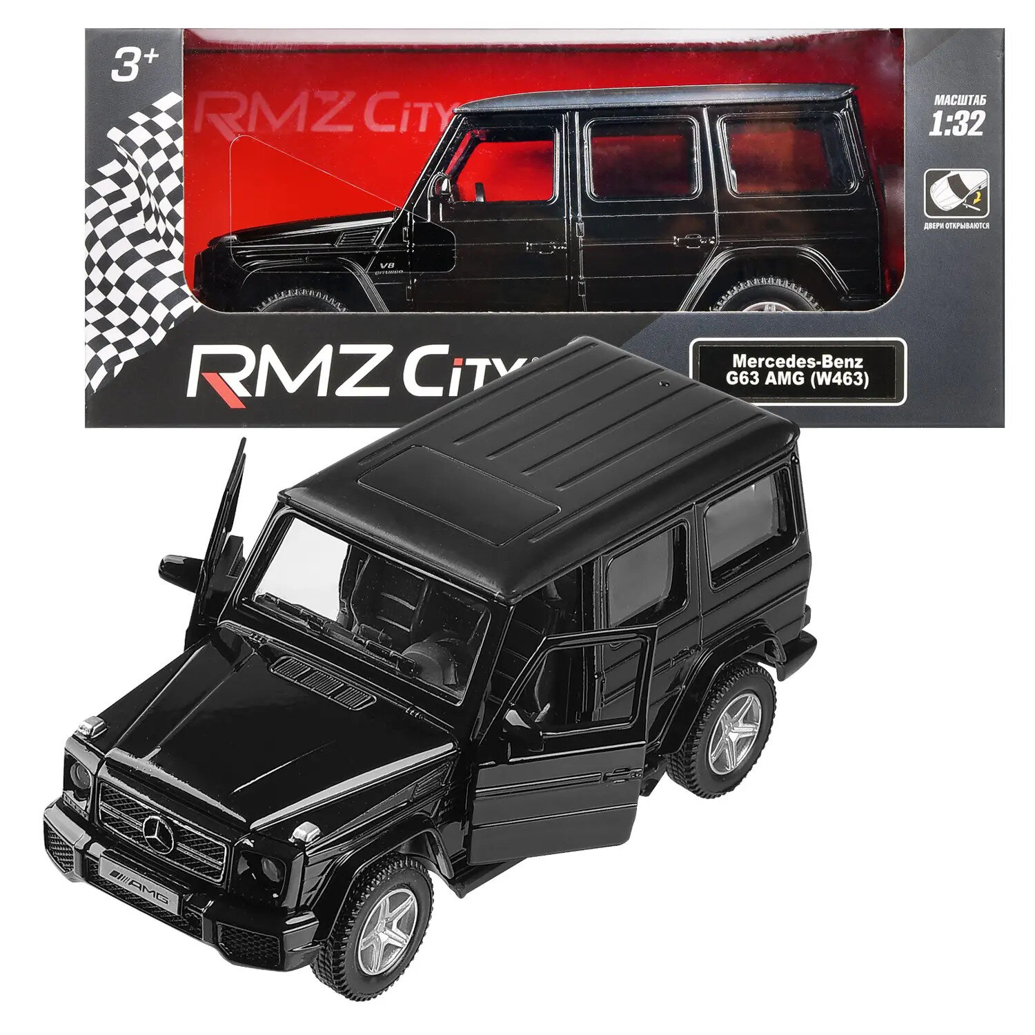 Машина металлическая RMZ City 1:32 Mercedes Benz G63 AMG, инерционный механизм, двери открываются, черный цвет.