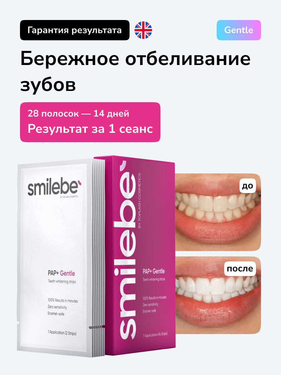 Отбеливающие полоски для зубов Smilebe, 28 полосок на 14 дней.