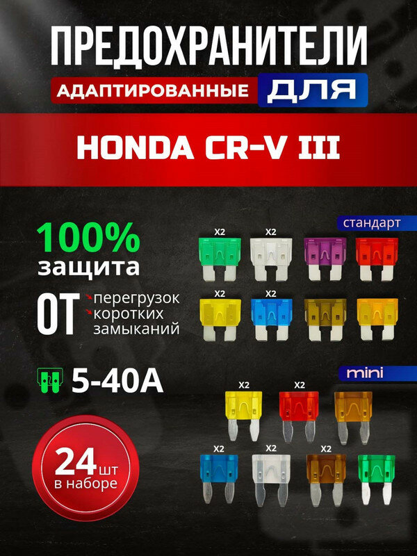 Предохранители для Хонда ЦР-В 3 (Honda CR-V III) / автомобильный набор Мини + Стандарт, 24 штуки с пинцетом / флажковые 5-40 А